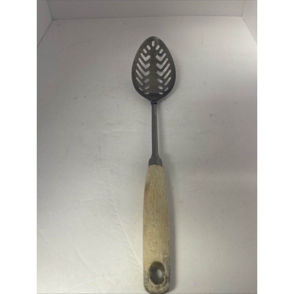 Vintage EKCO USA Slotted Serving Spoon Wood Handle 12" Stainless Steel